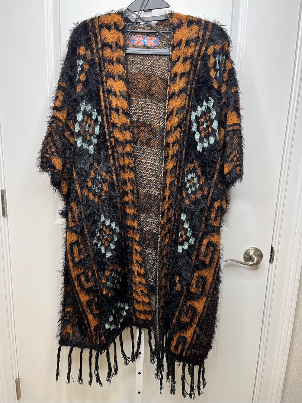 Boho Fringe Open-Front Cape in Black and Rust with Mint Accents OSFM